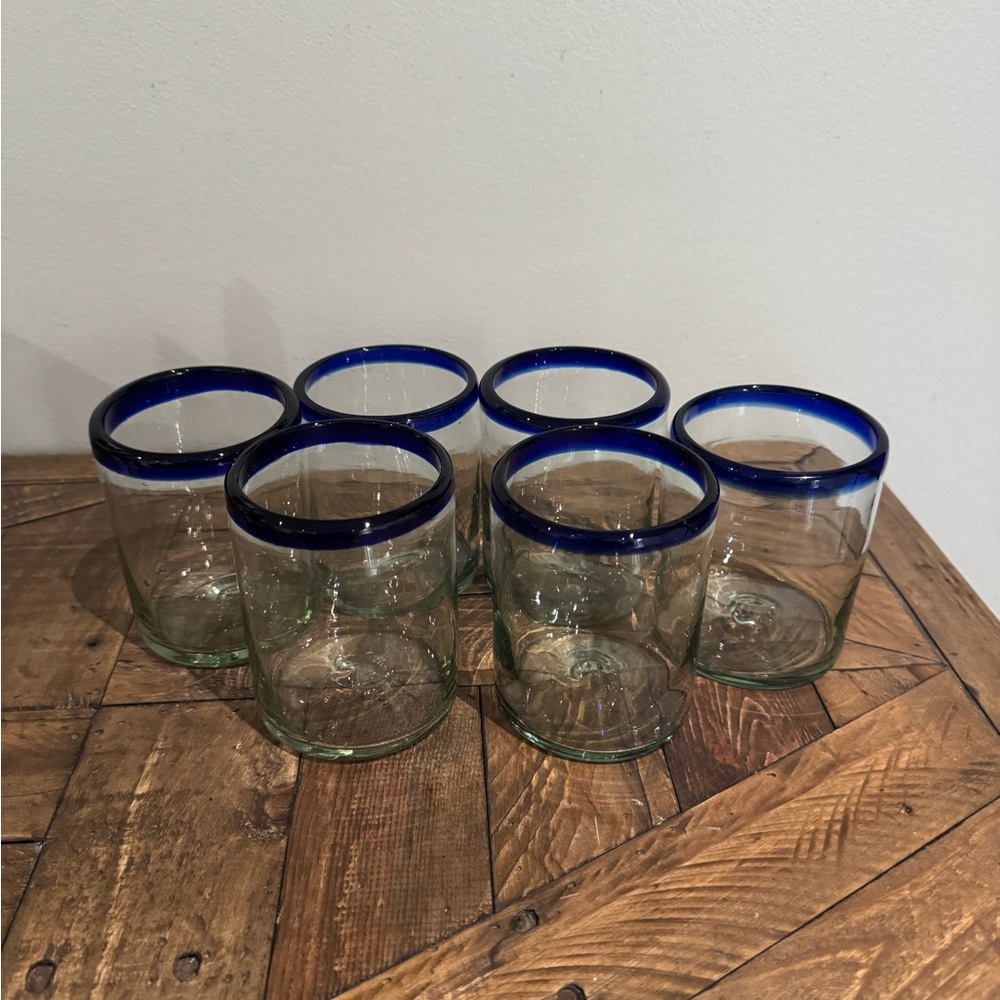COBALT BLUE RIM TUMBLER HANDBLOWN GLASSES - SET OF 6 (10 OZ EACH - Picture 3 of 8